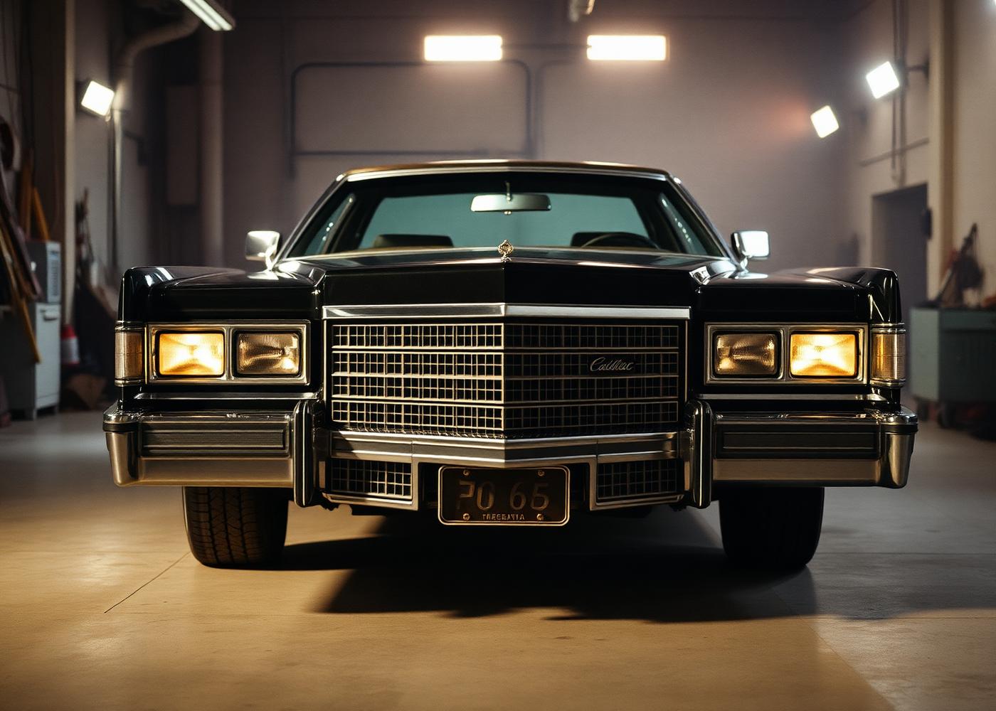 Classic black American luxury coupe inside a Chicago restoration shop